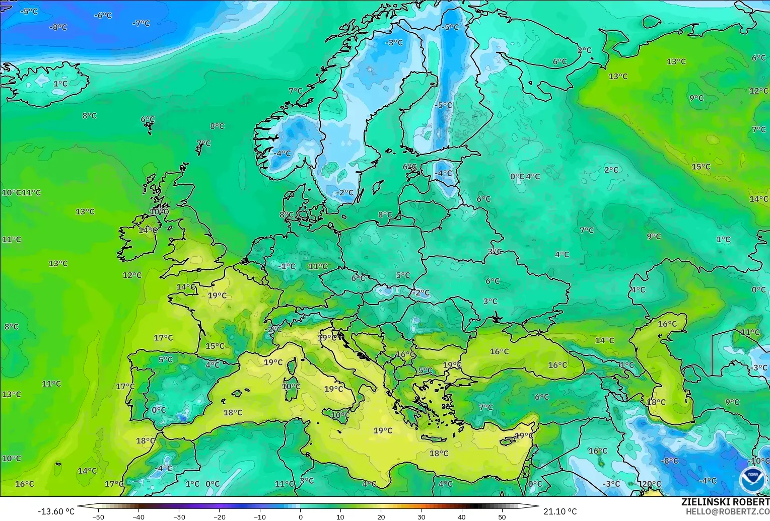 GFS modelo - Europa, Punto de rocío a 2 m
