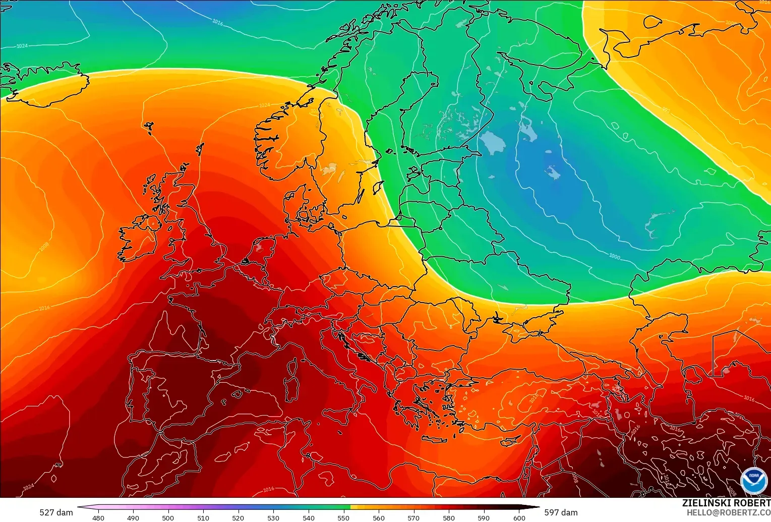 GFS modelo - Europa, Altura geopotencial a 500 hPa