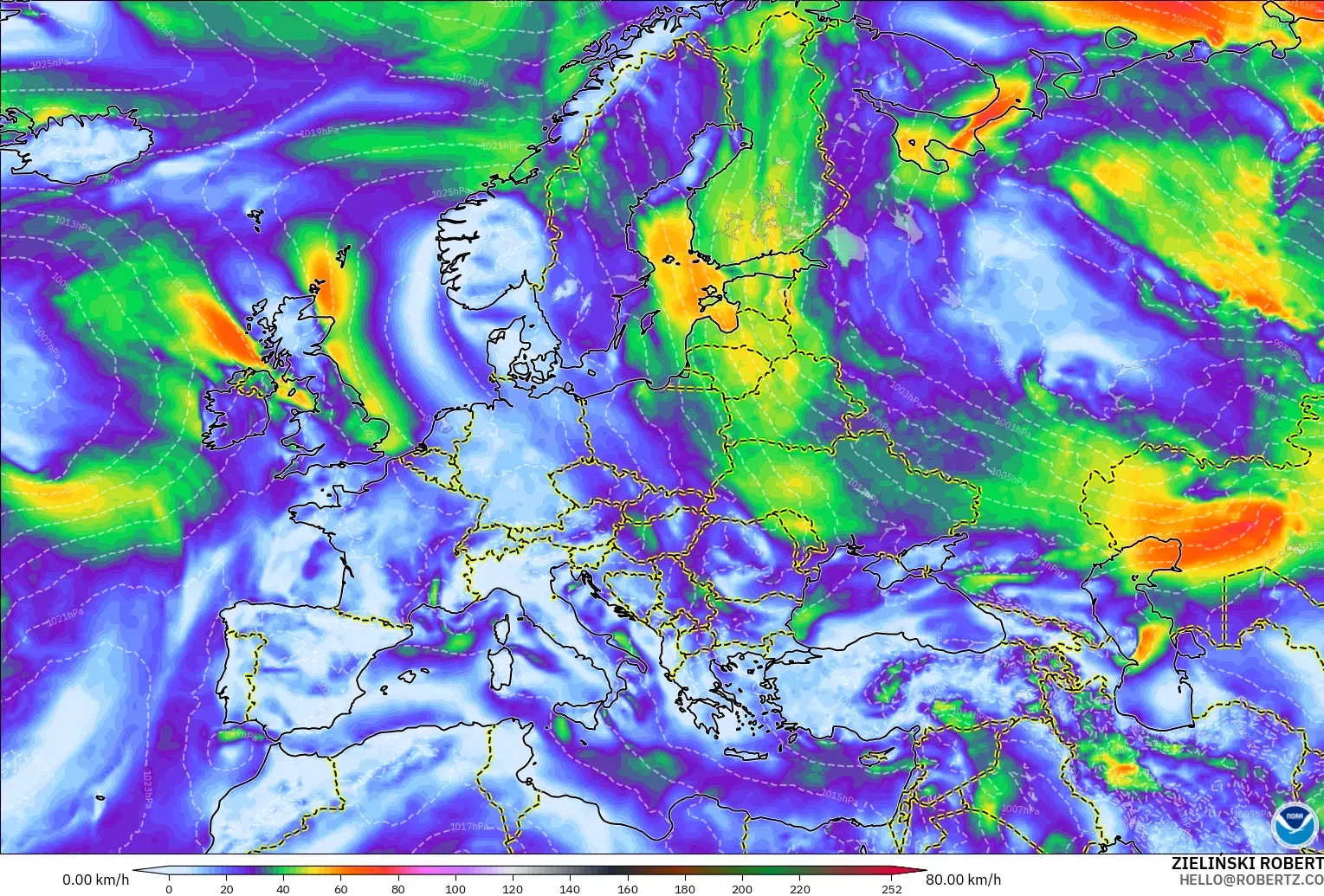 GFS modelo - Europa, Ráfagas de viento