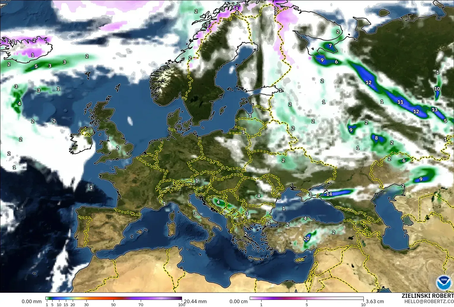GFS modelo - Europa, Precipitación, nubes y presión