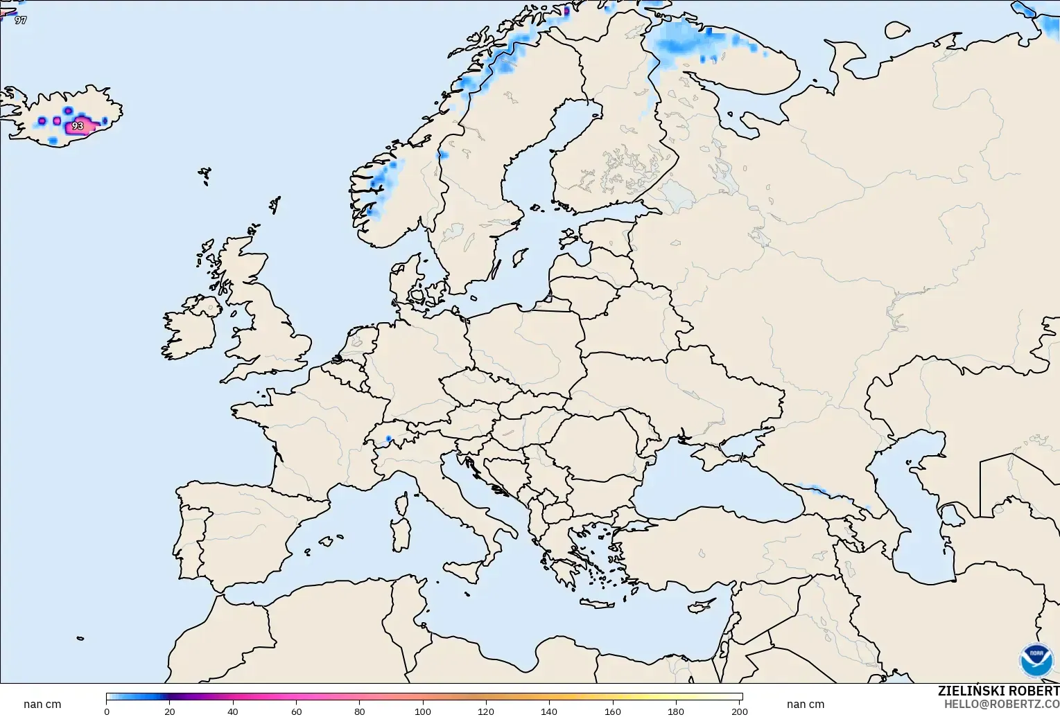 GFS modelo - Europa, Profundidad de nieve