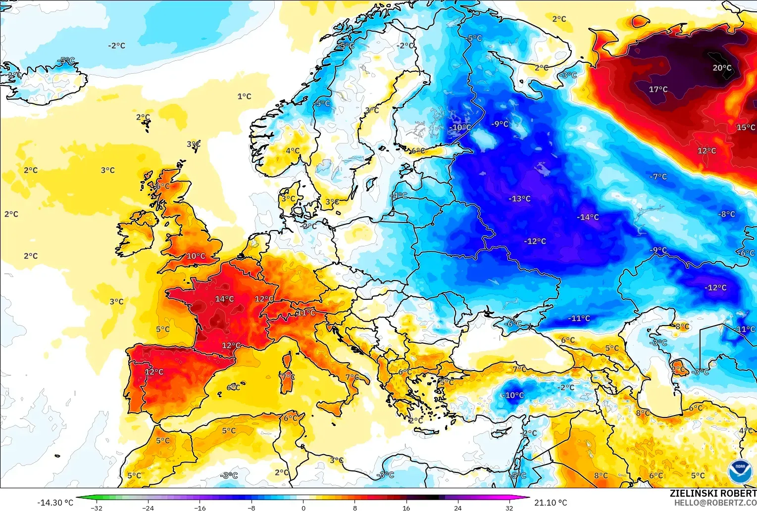 GFS modelo - Europa, Anomalía de temperatura a 2 m