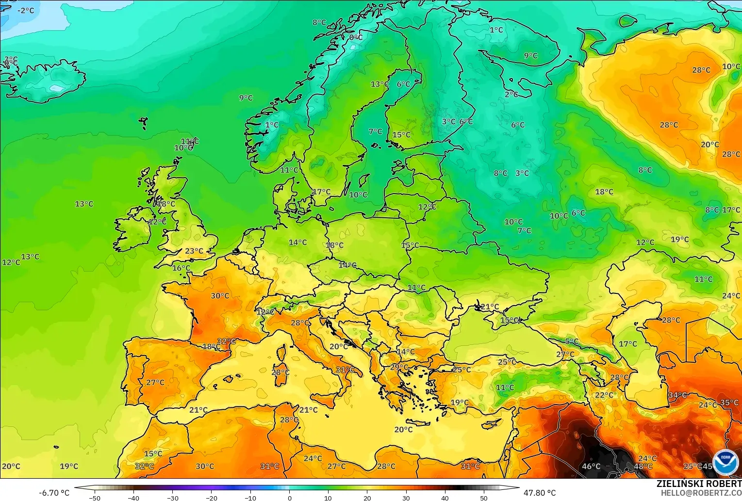 GFS modelo - Europa, Temperatura a 2 m
