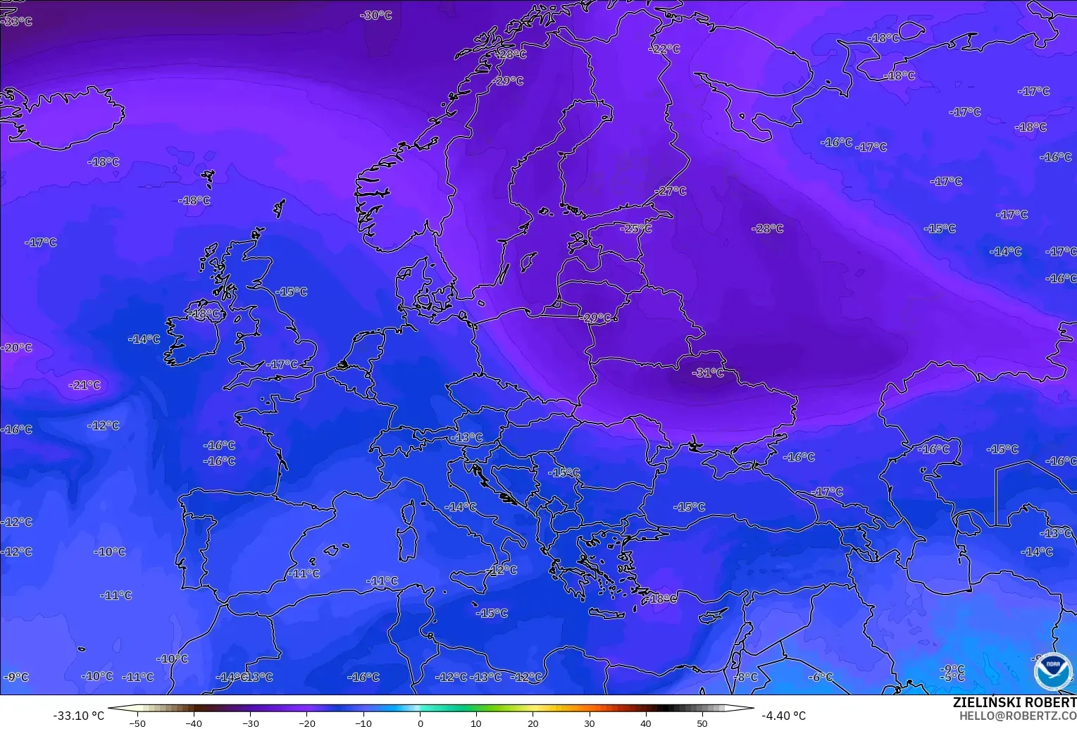 GFS modelo - Europa, Temperatura a 500 hPa