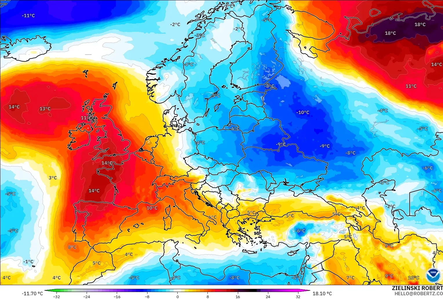 GFS modelo - Europa, Anomalía de temperatura a 850 hPa