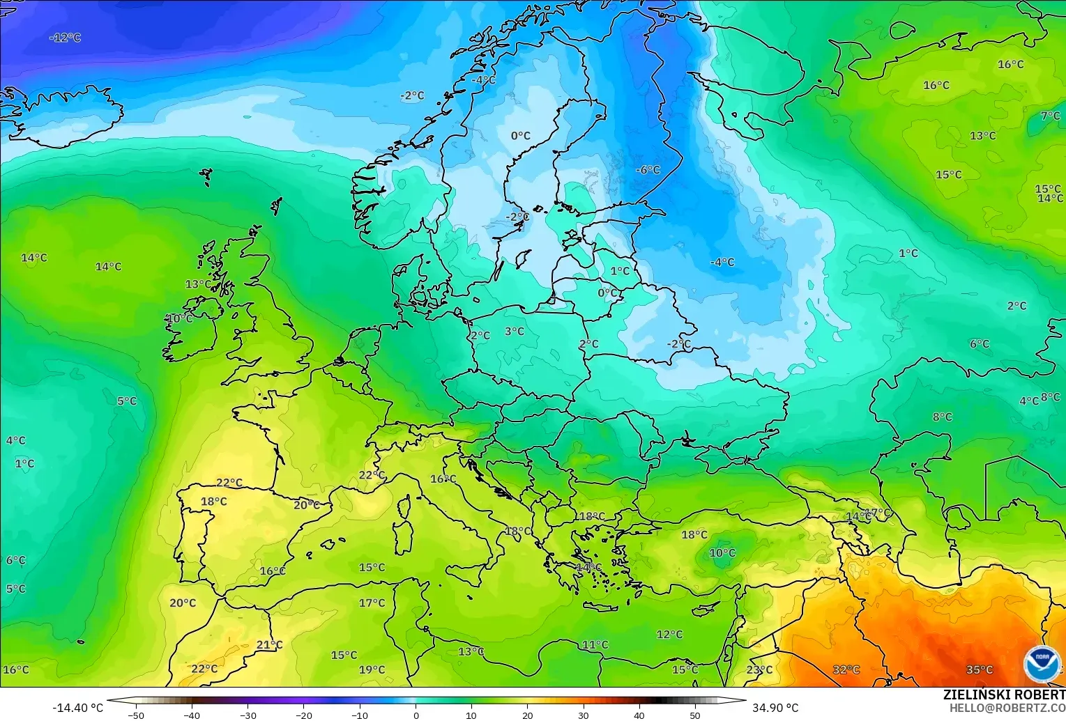 GFS modelo - Europa, Temperatura a 850 hPa