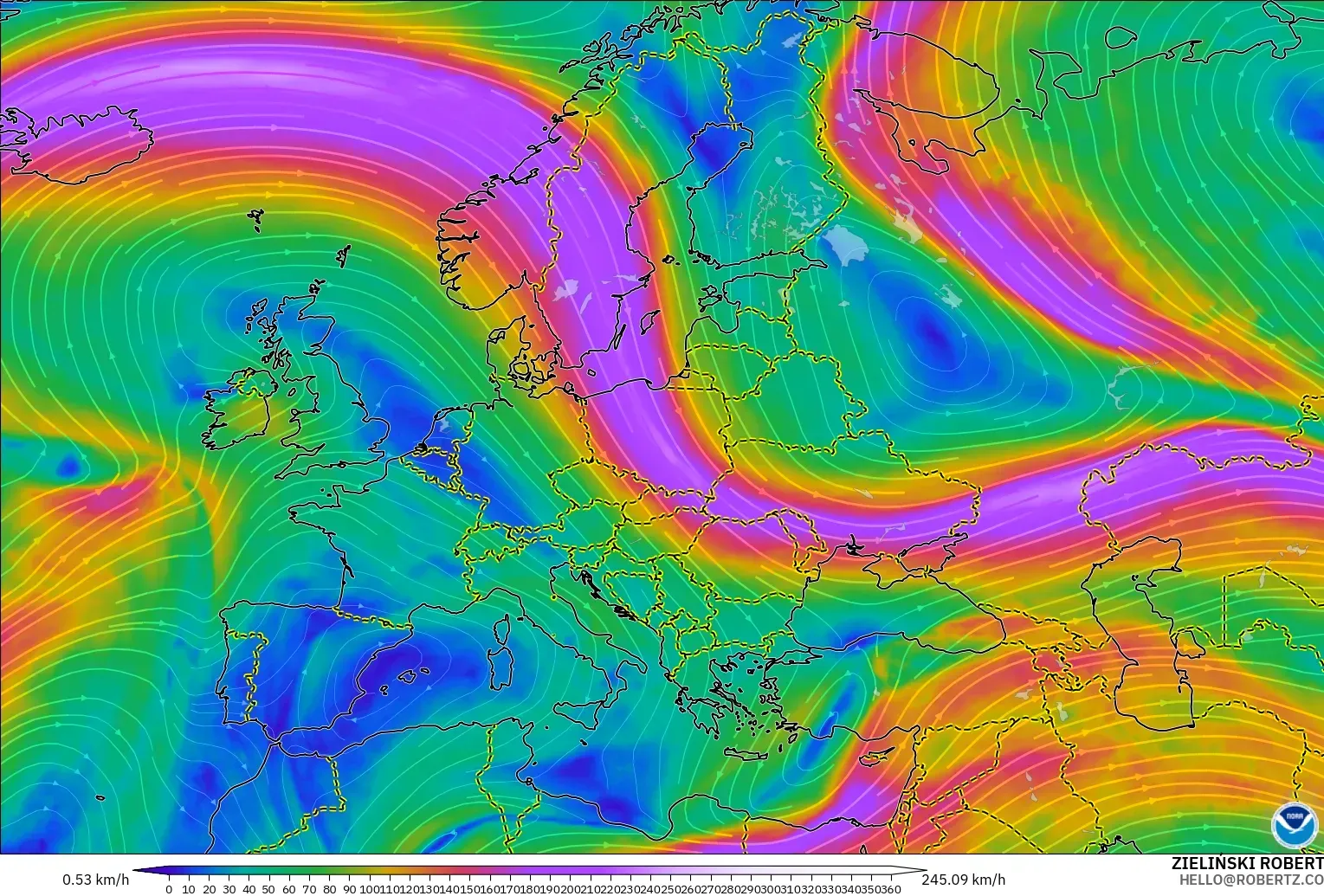 GFS modelo - Europa, Viento a 300 hPa (corriente en chorro)