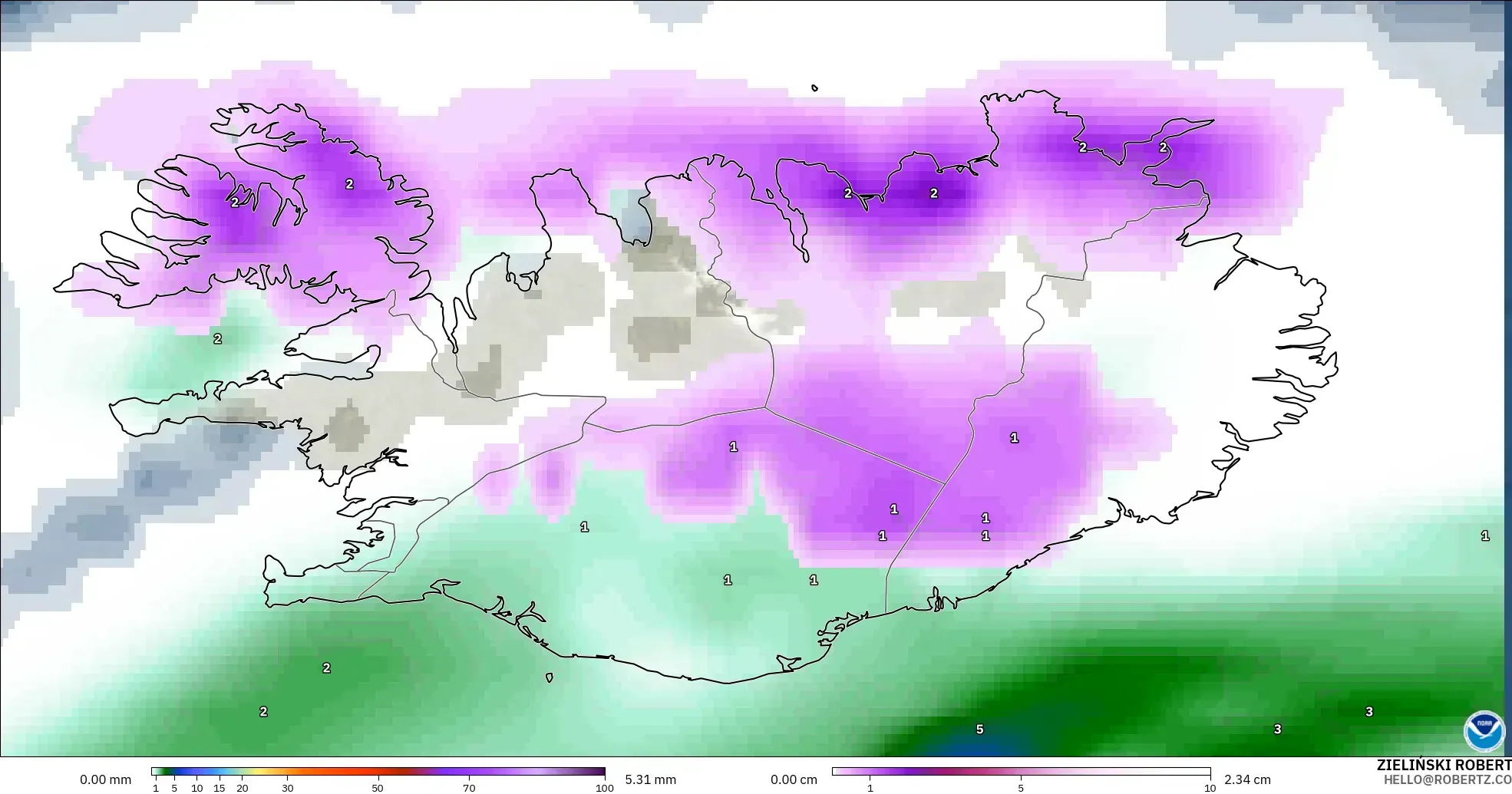 GFS modelo - Islandia, Precipitación, nubes y presión
