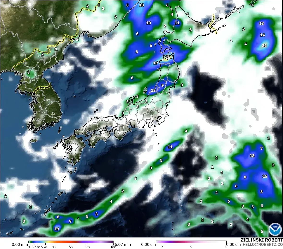 GFS modelo - Japón, Precipitación, nubes y presión