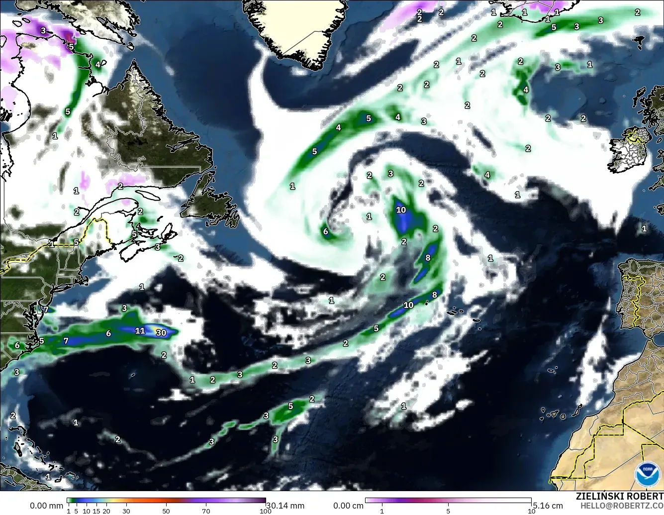 GFS modelo - Norte Atlántico, Precipitación, nubes y presión