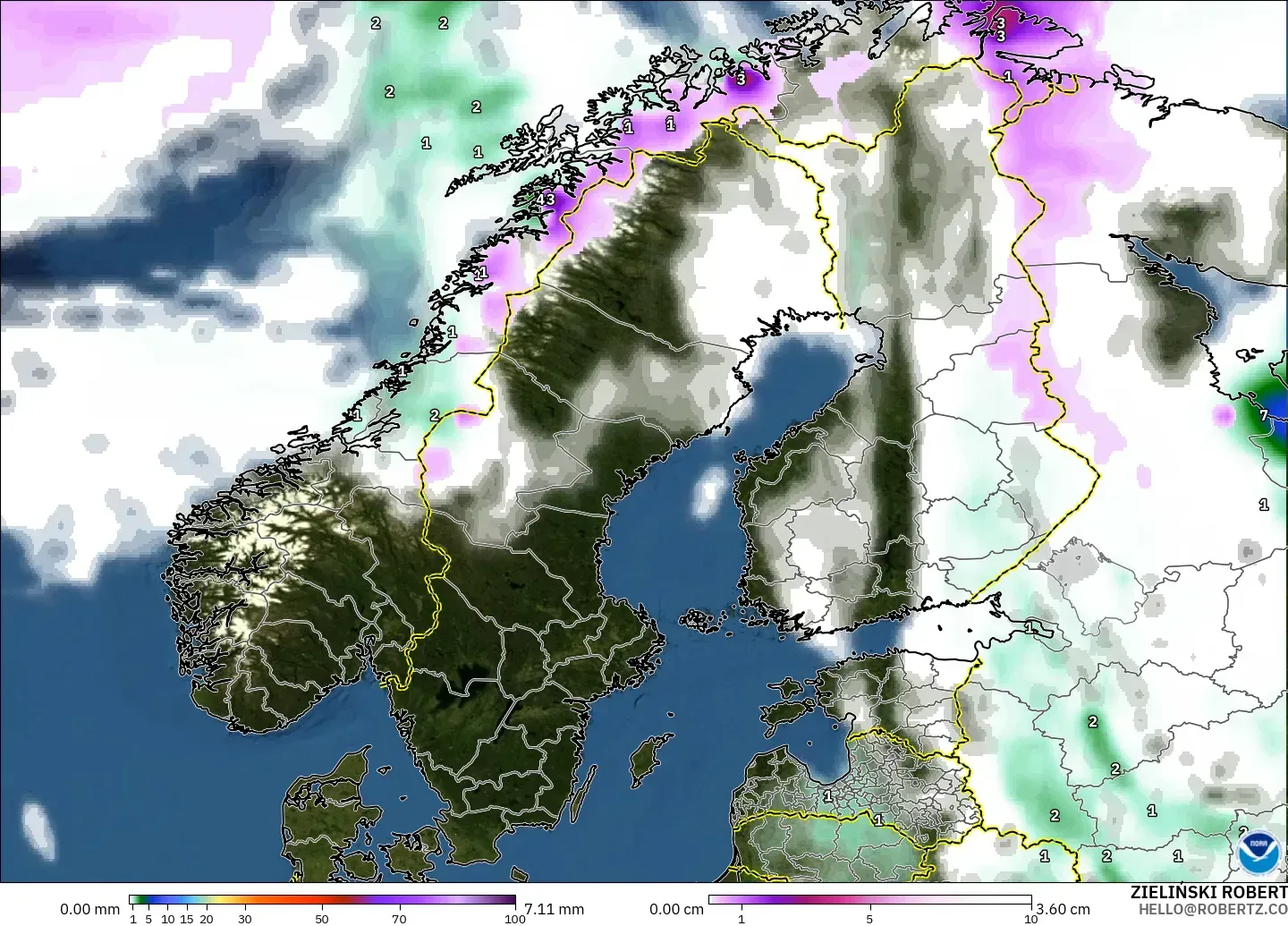 GFS modelo - Escandinavia, Precipitación, nubes y presión