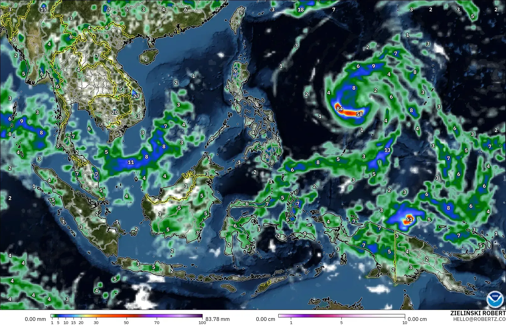 GFS modelo - Sudeste Asiático, Precipitación, nubes y presión