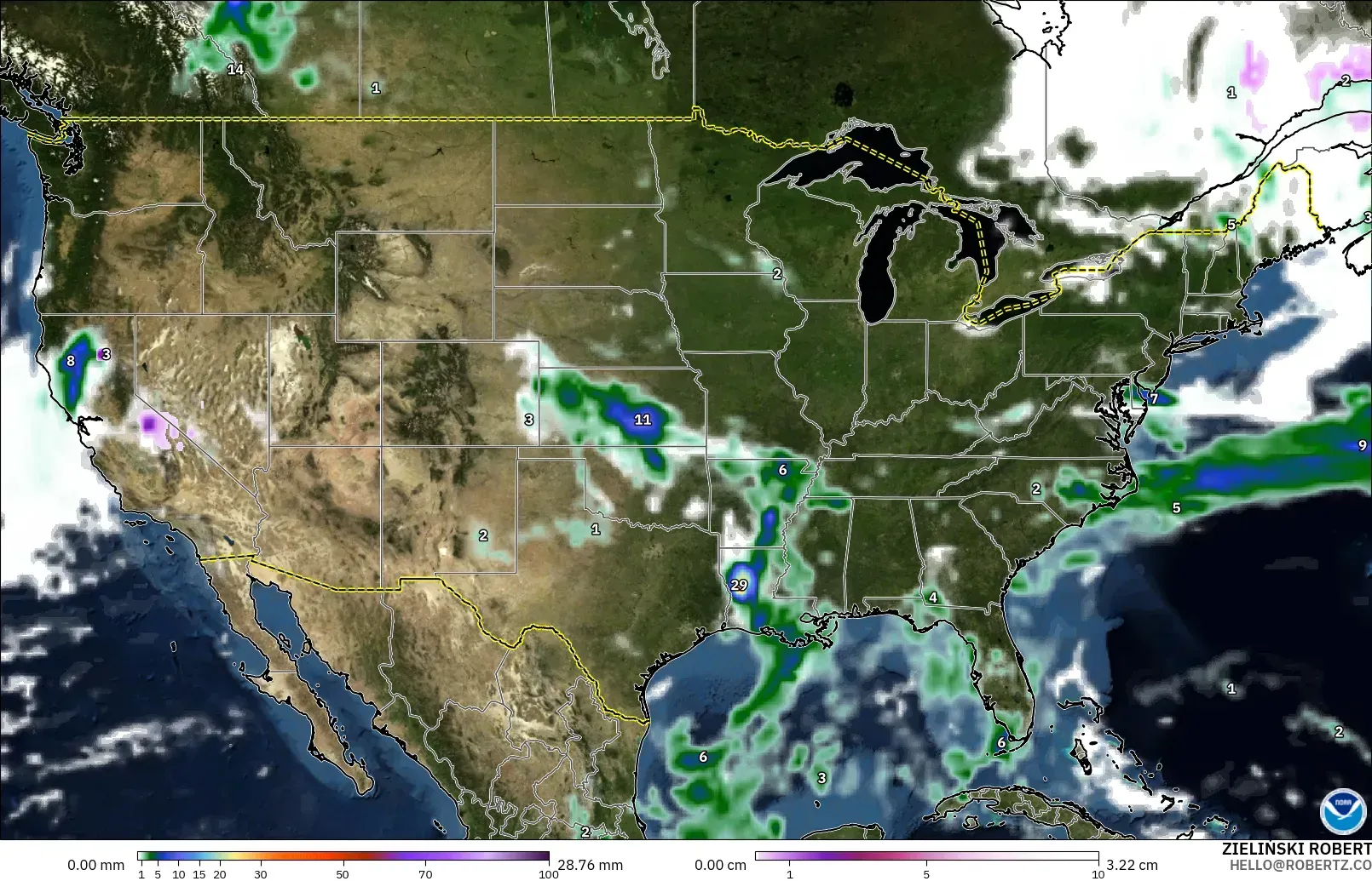 GFS modelo - Estados Unidos, Precipitación, nubes y presión
