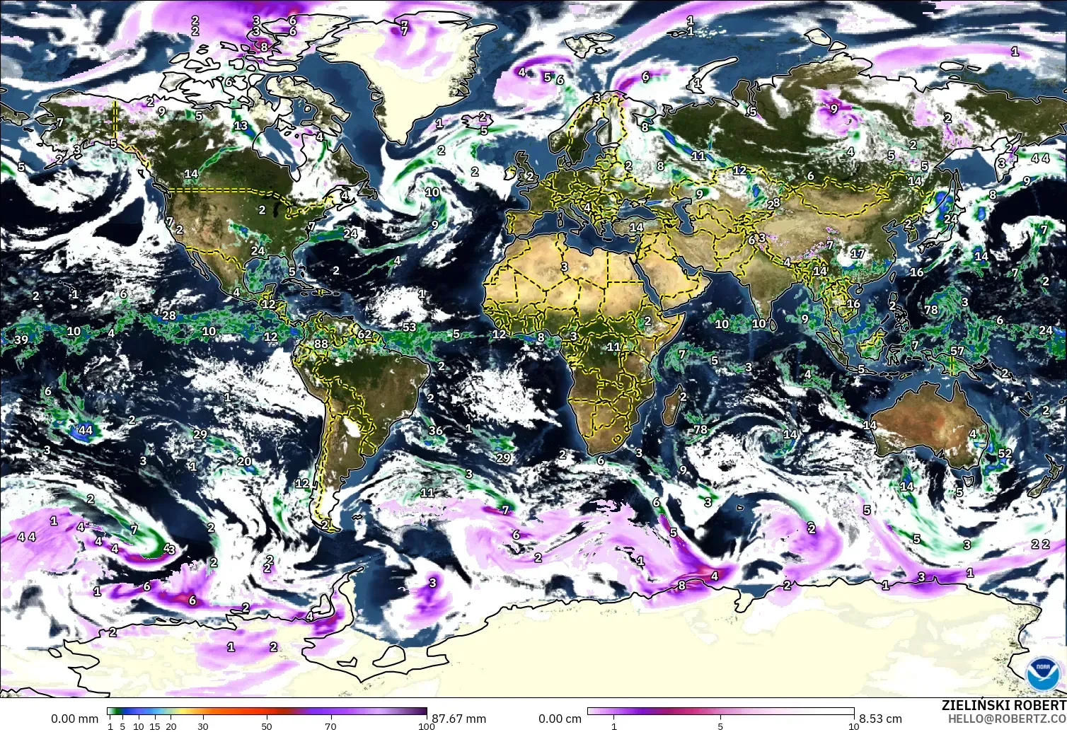 GFS modelo - Mundo, Precipitación, nubes y presión