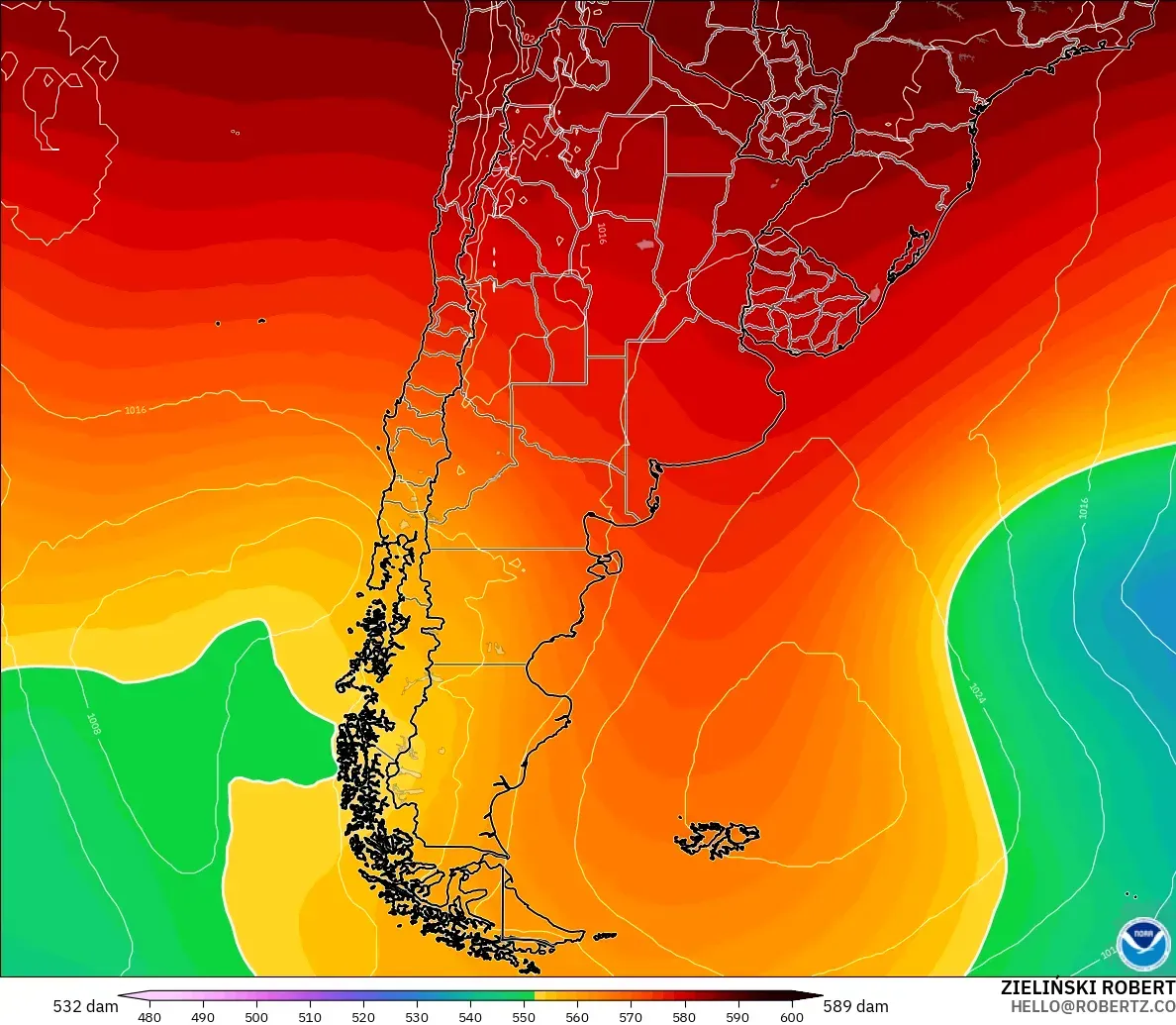GFS modelo - Argentina, Altura geopotencial a 500 hPa