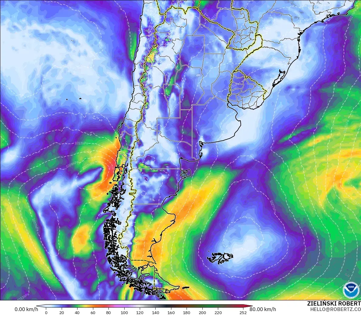 GFS modelo - Argentina, Ráfagas de Viento Máximas