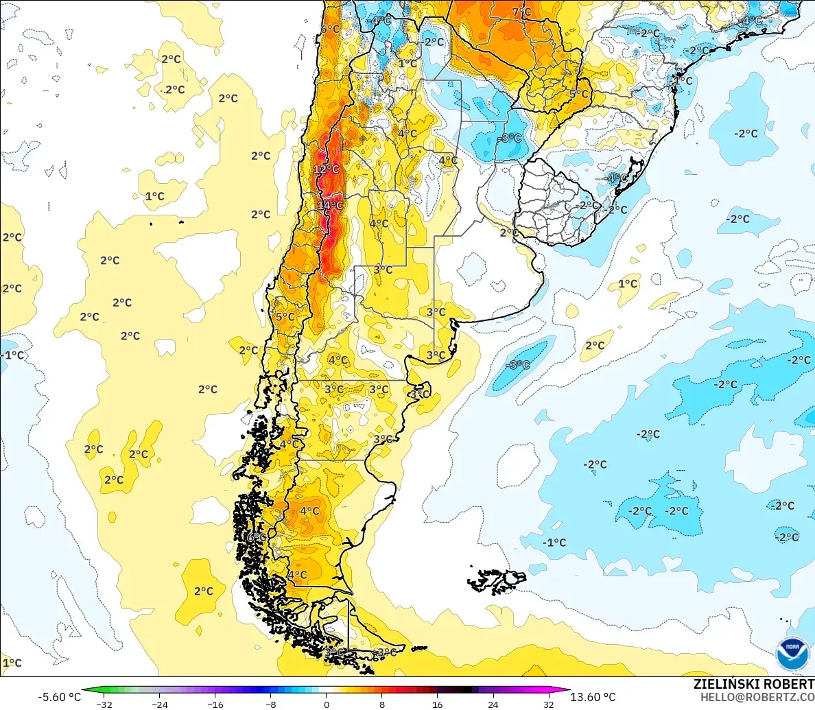GFS modelo - Argentina, Anomalía de temperatura a 2 m