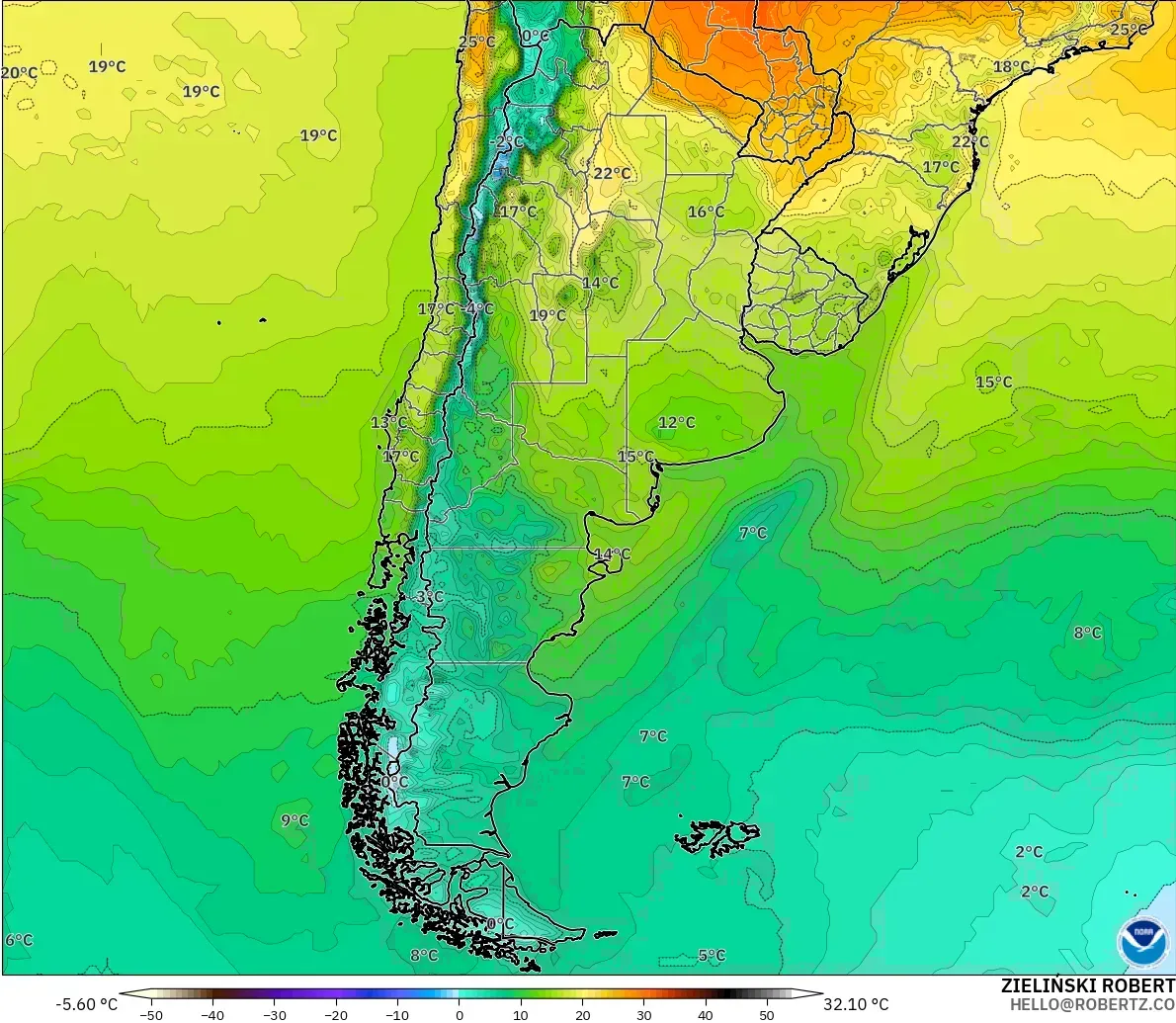 GFS modelo - Argentina, Temperatura a 2 m