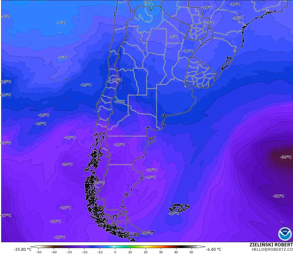 GFS modelo - Argentina, Temperatura a 500 hPa