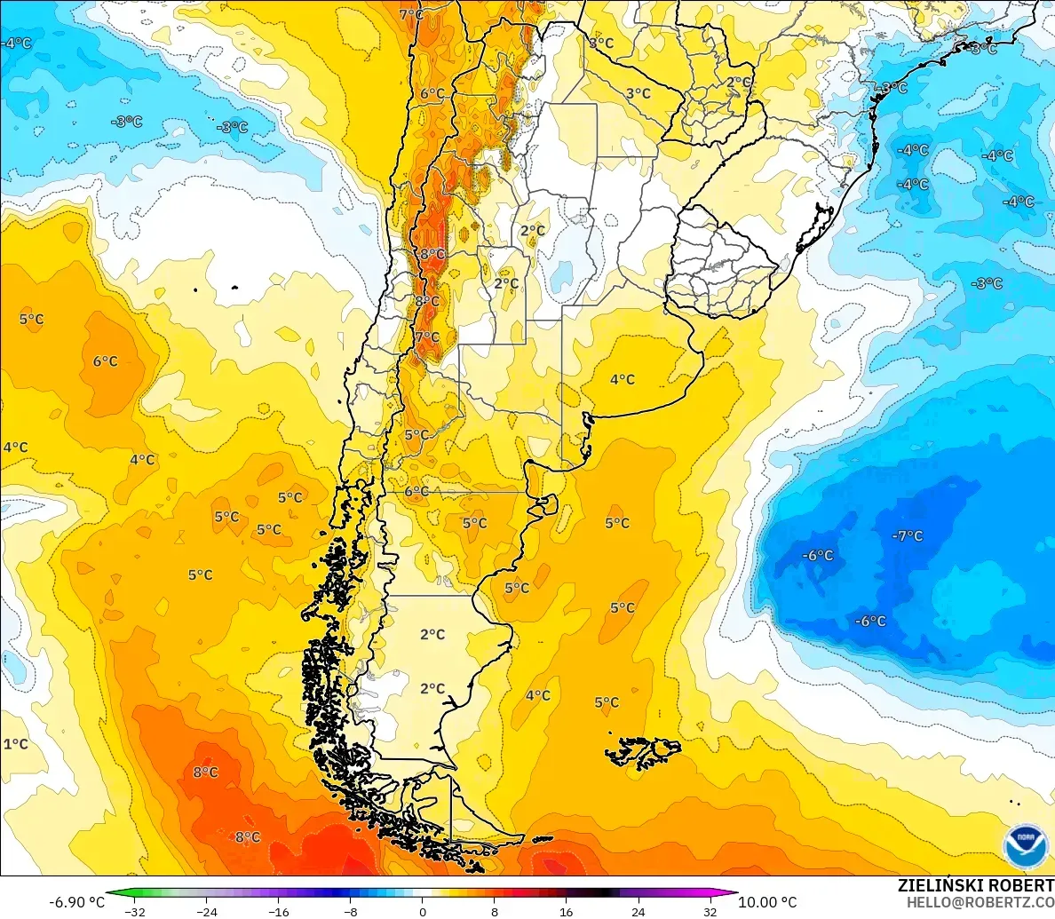 GFS modelo - Argentina, Anomalía de temperatura a 850 hPa