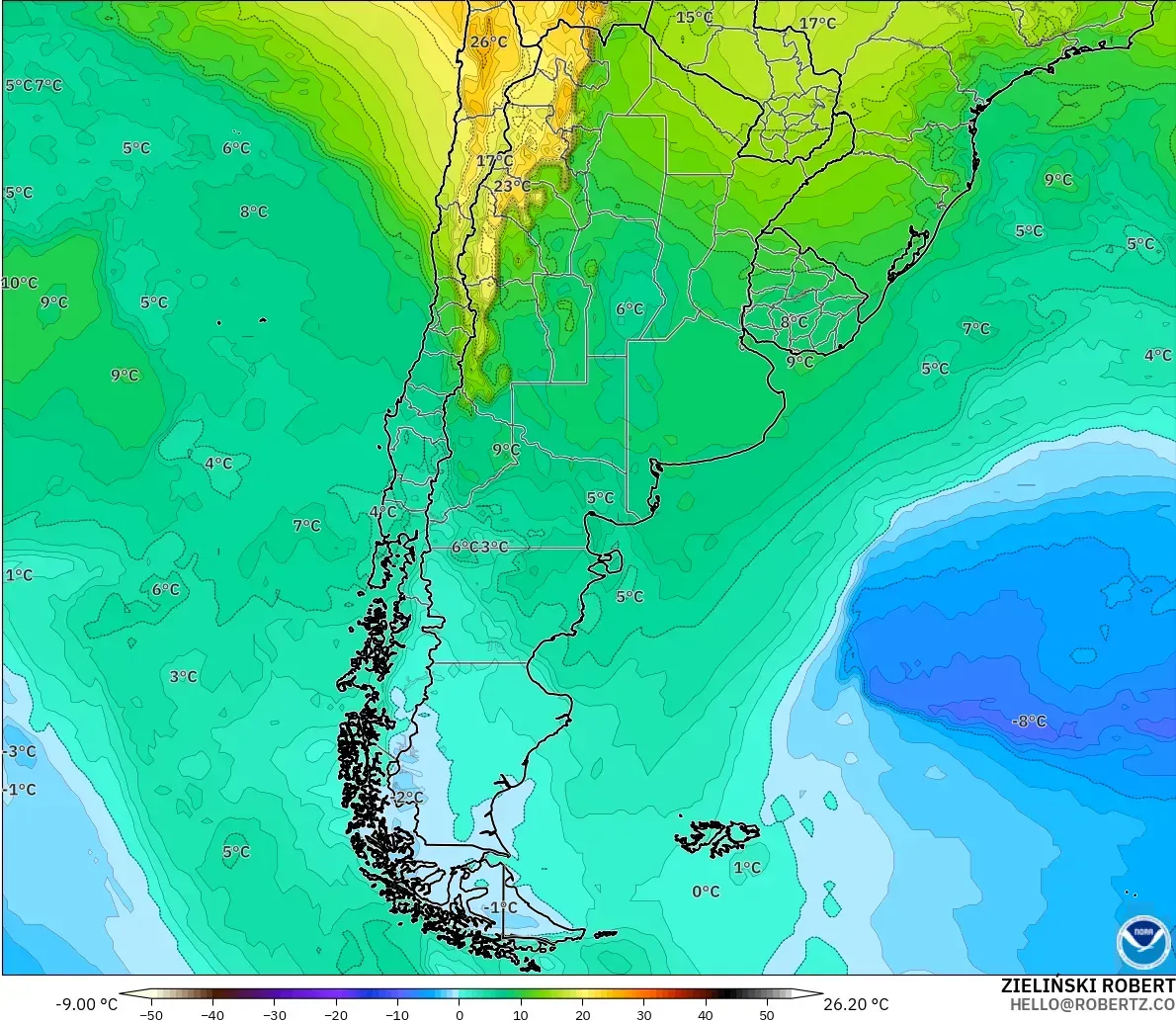 GFS modelo - Argentina, Temperatura a 850 hPa