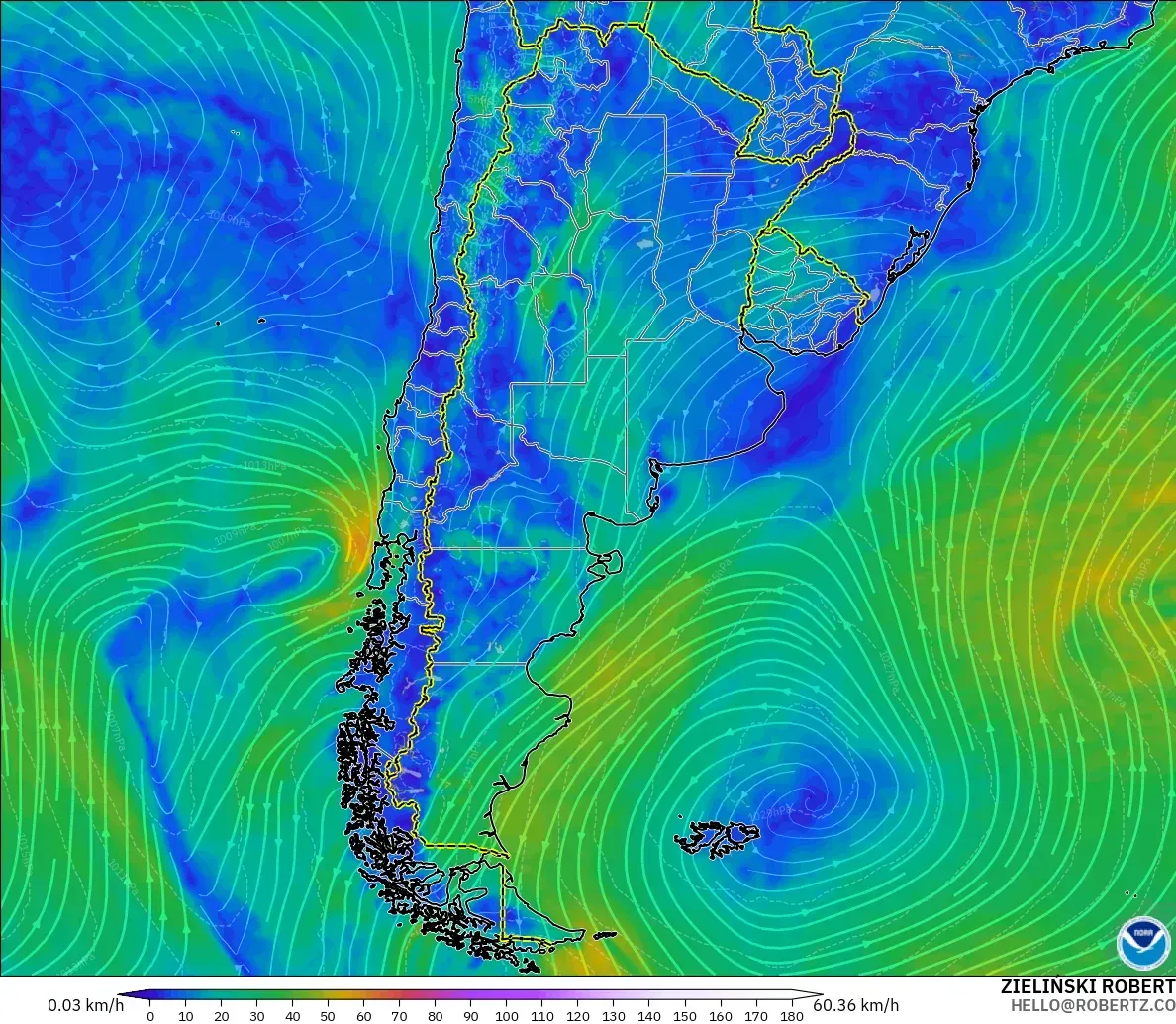 GFS modelo - Argentina, Viento a 10 m