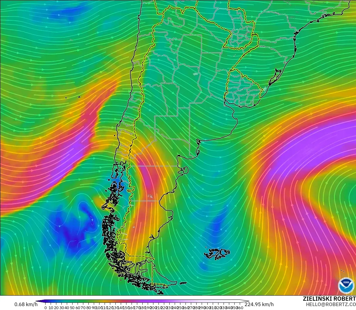 GFS modelo - Argentina, Viento a 300 hPa (corriente en chorro)