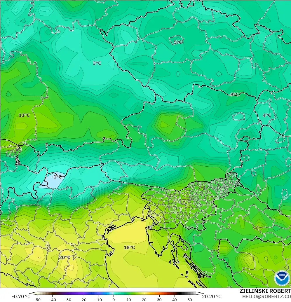 GFS modelo - Austria, Punto de rocío a 2 m