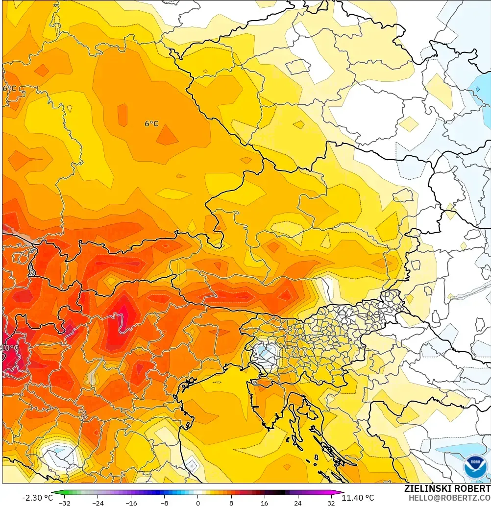 GFS modelo - Austria, Anomalía de temperatura a 2 m