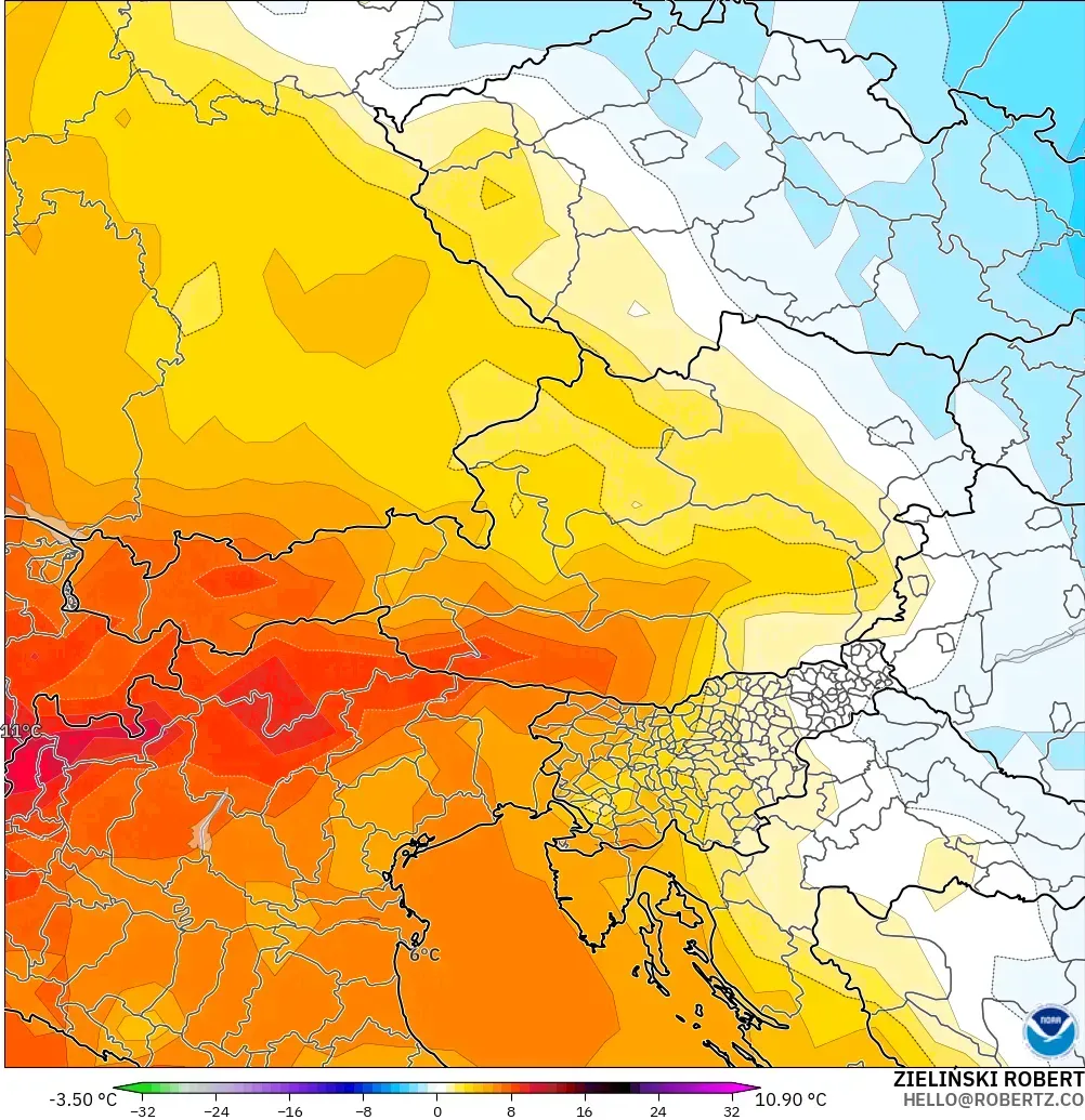 GFS modelo - Austria, Anomalía de temperatura a 850 hPa