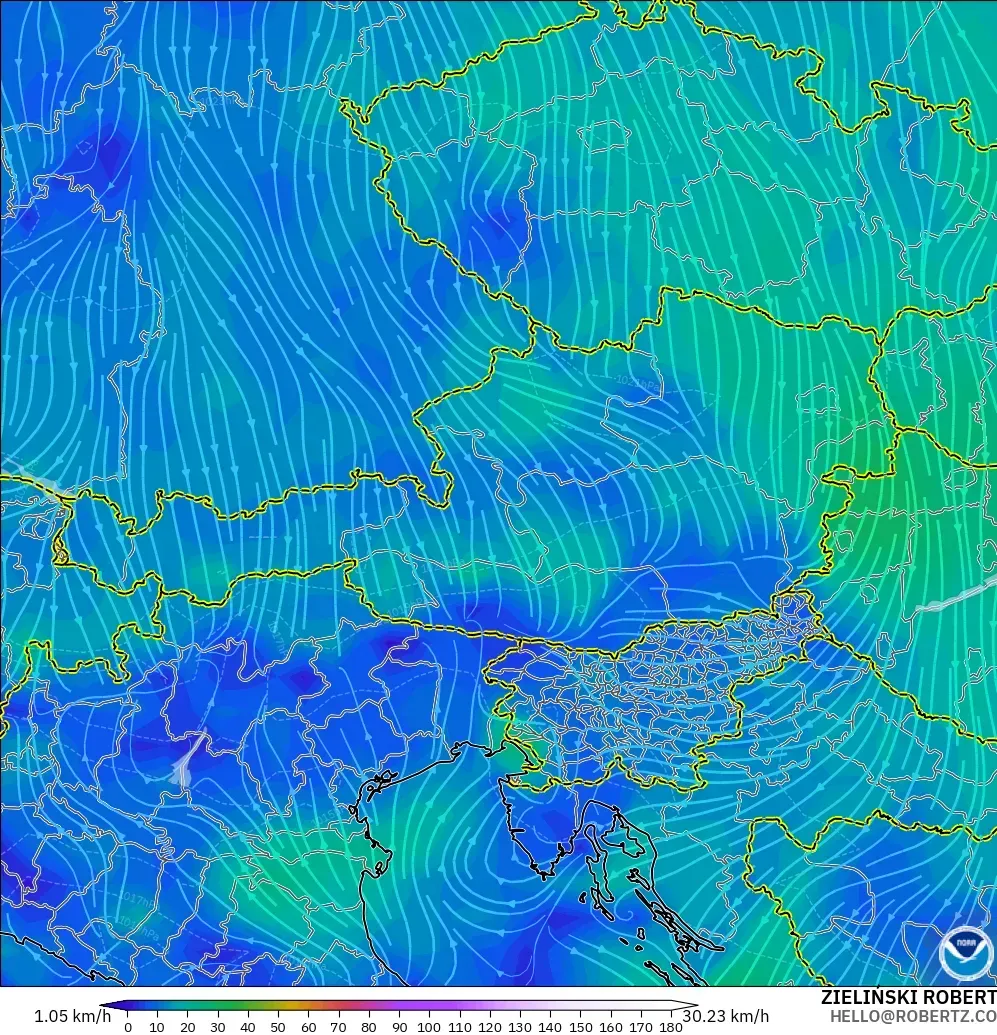 GFS modelo - Austria, Viento a 10 m