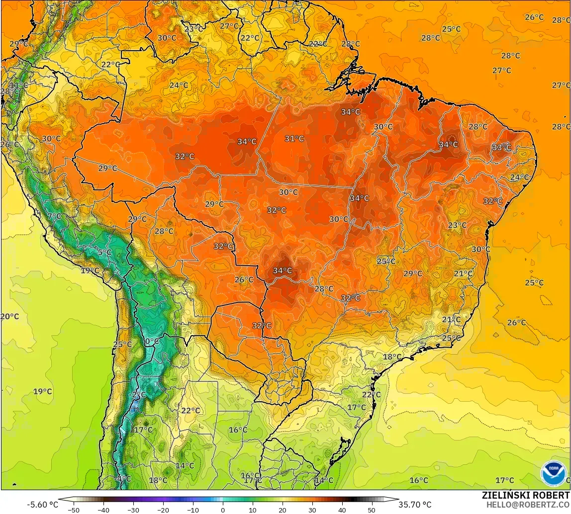 GFS modelo - Brasil, Temperatura a 2 m