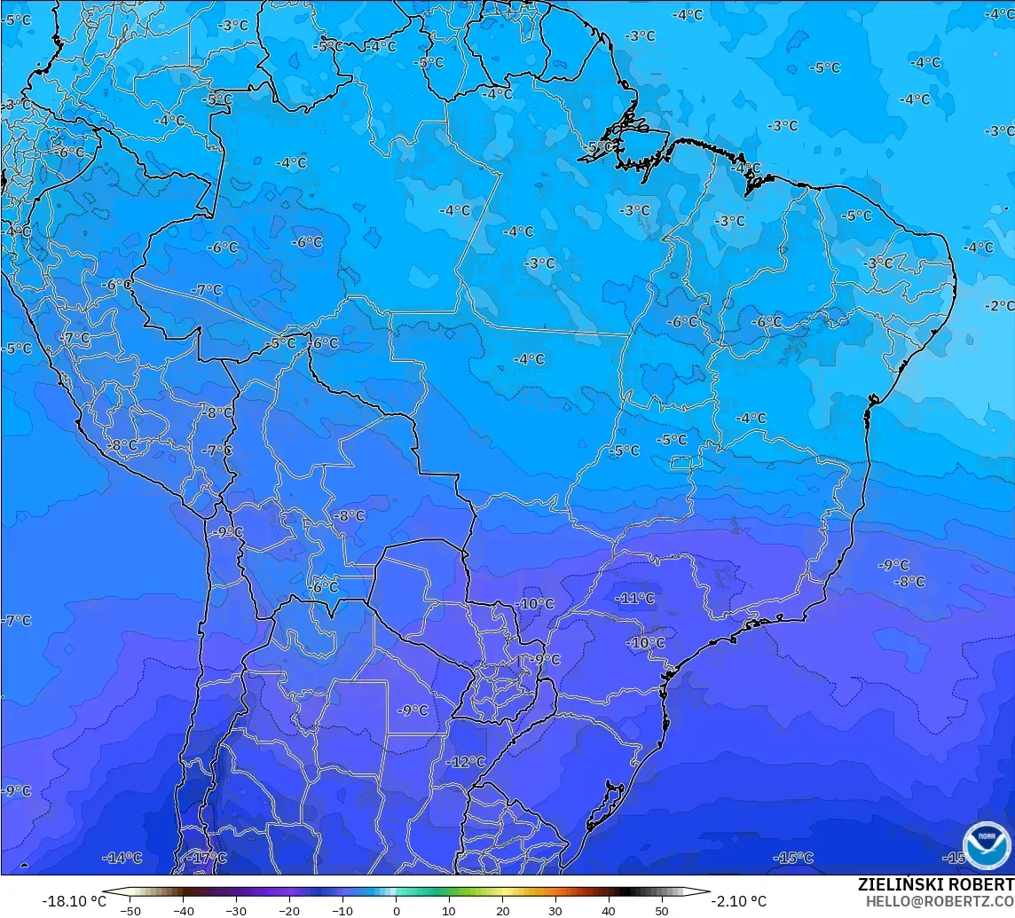 GFS modelo - Brasil, Temperatura a 500 hPa