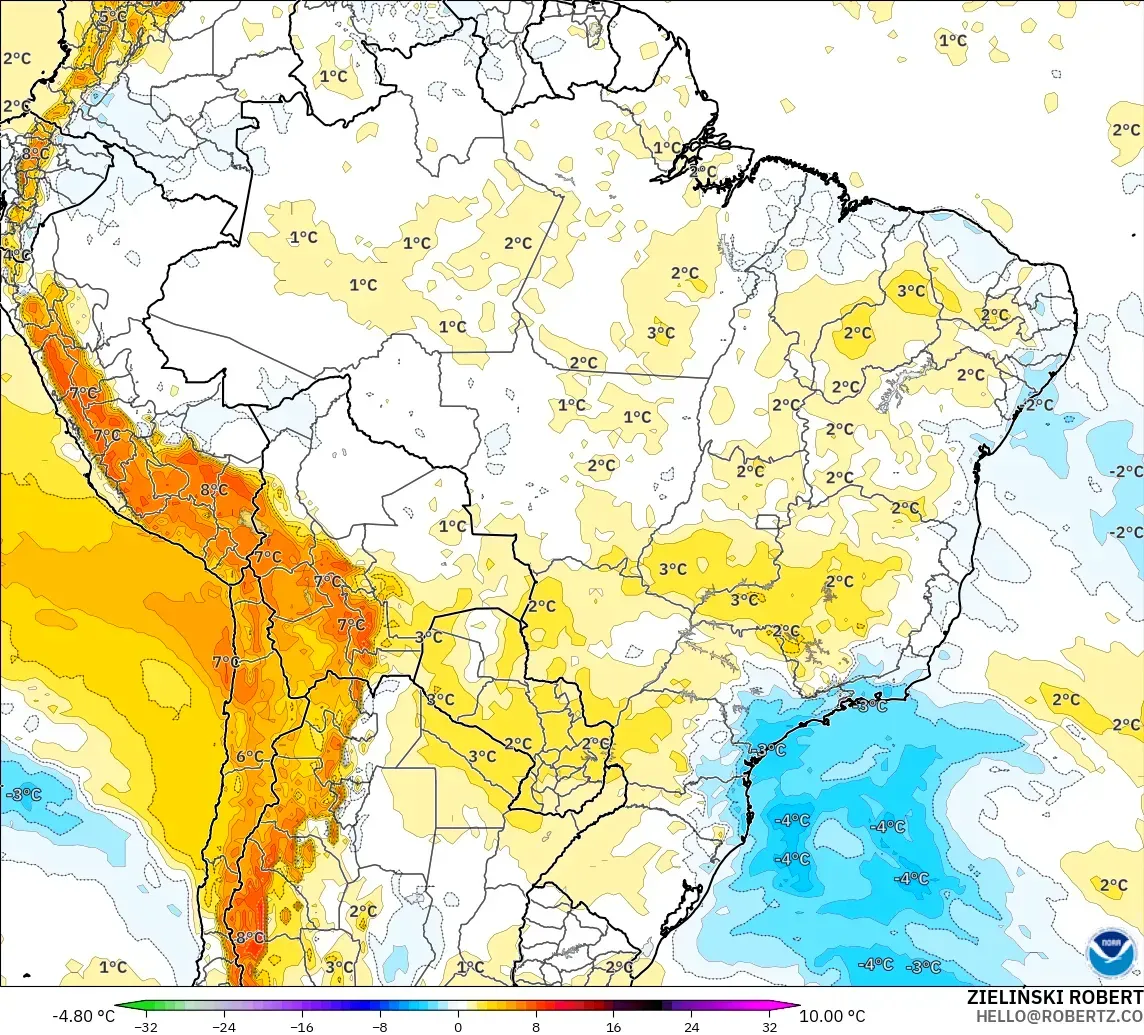 GFS modelo - Brasil, Anomalía de temperatura a 850 hPa