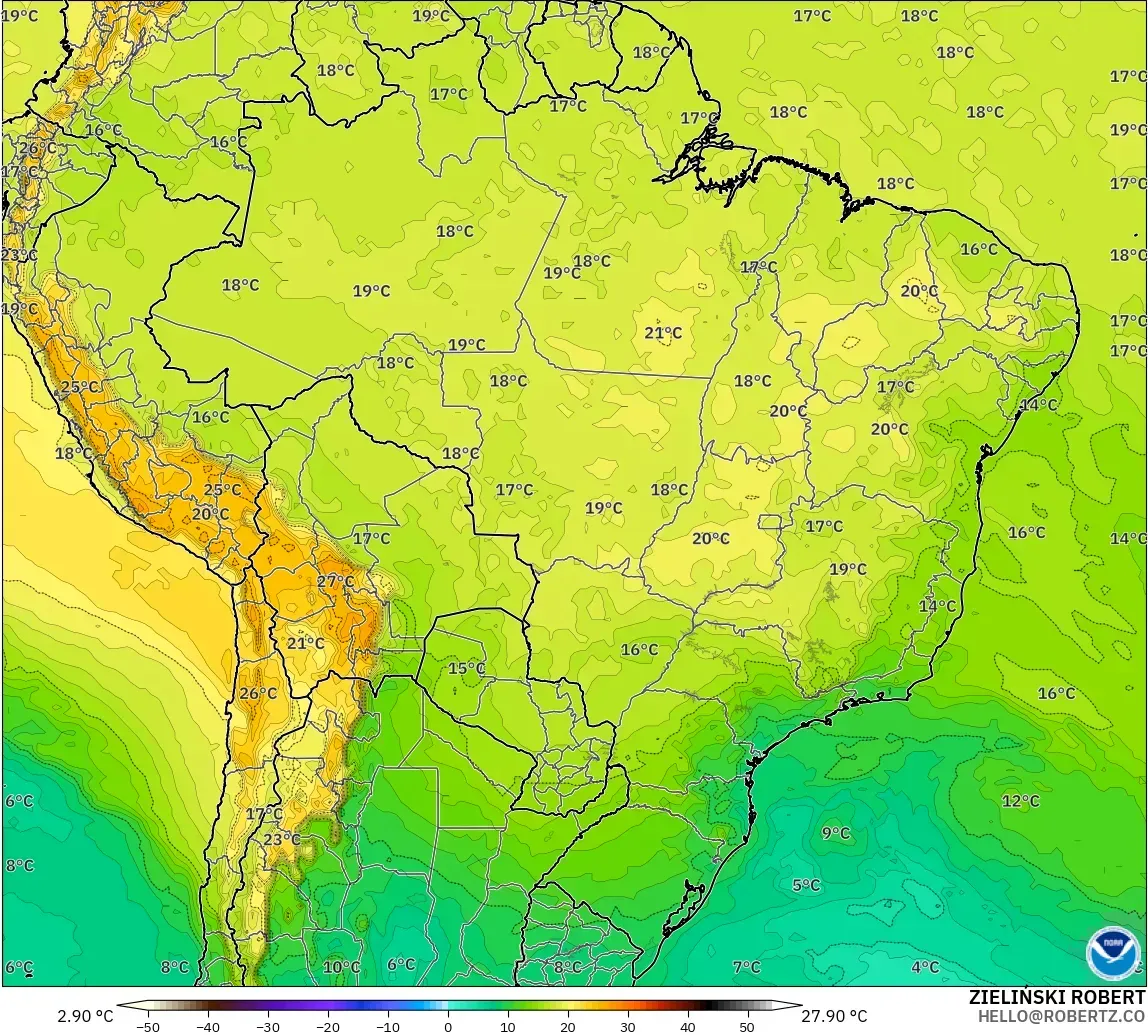 GFS modelo - Brasil, Temperatura a 850 hPa