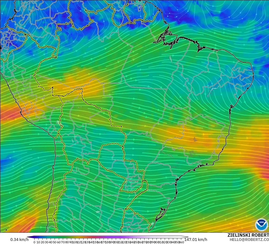 GFS modelo - Brasil, Viento a 300 hPa (corriente en chorro)