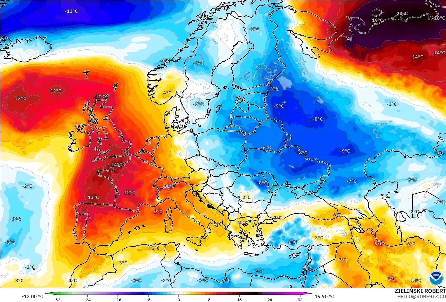 GFS modelo - Europa, Anomalía de temperatura a 850 hPa