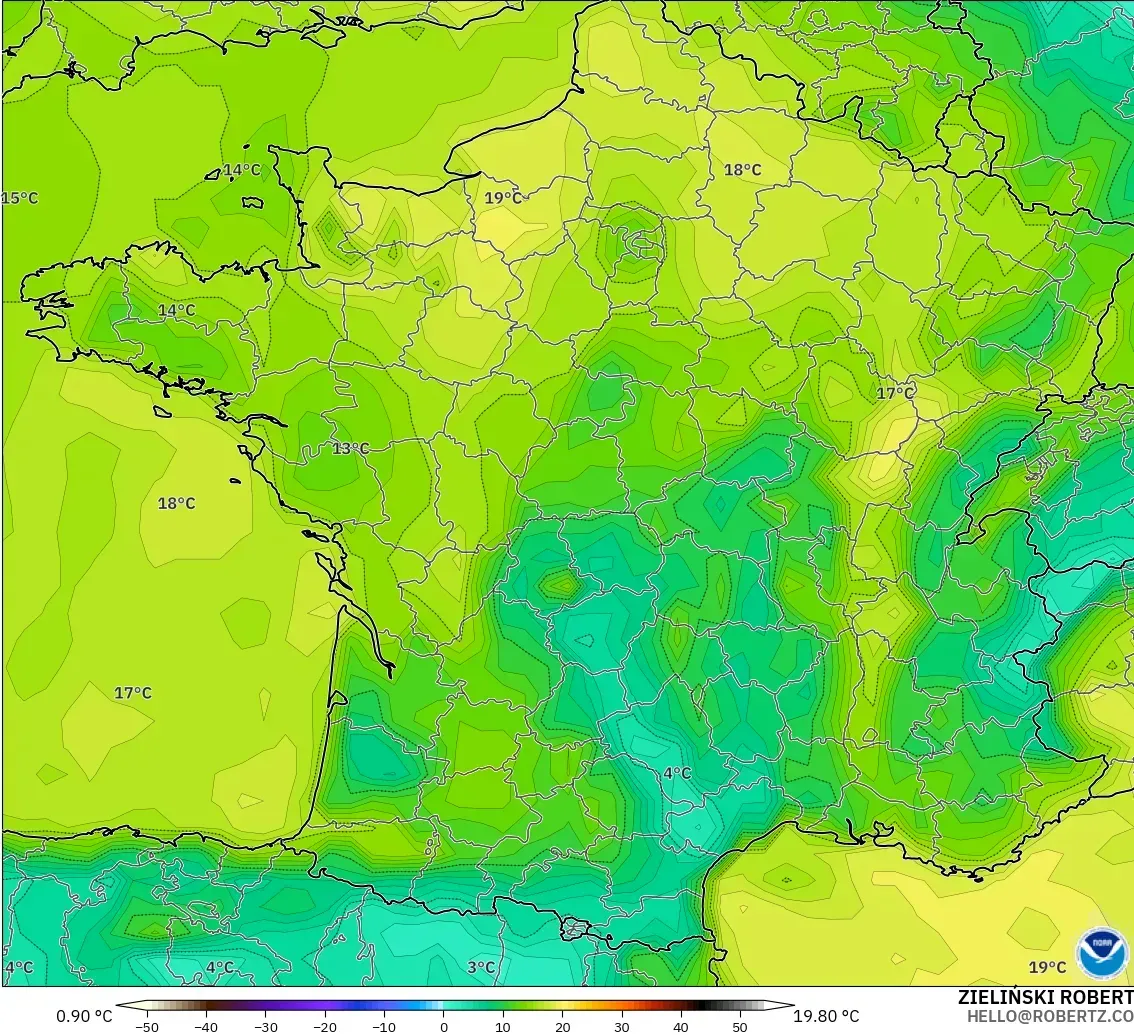 GFS modelo - Francia, Punto de rocío a 2 m
