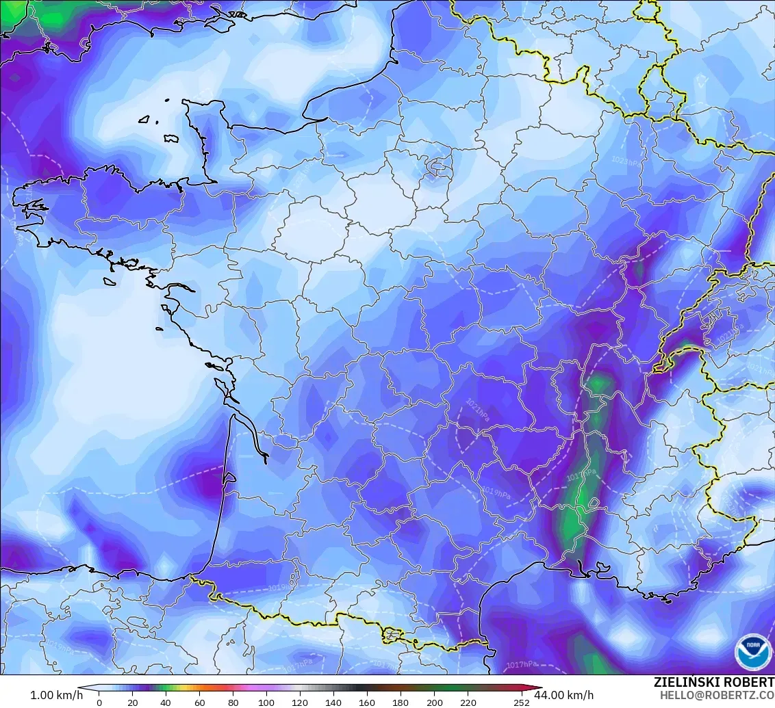 GFS modelo - Francia, Ráfagas de Viento Máximas