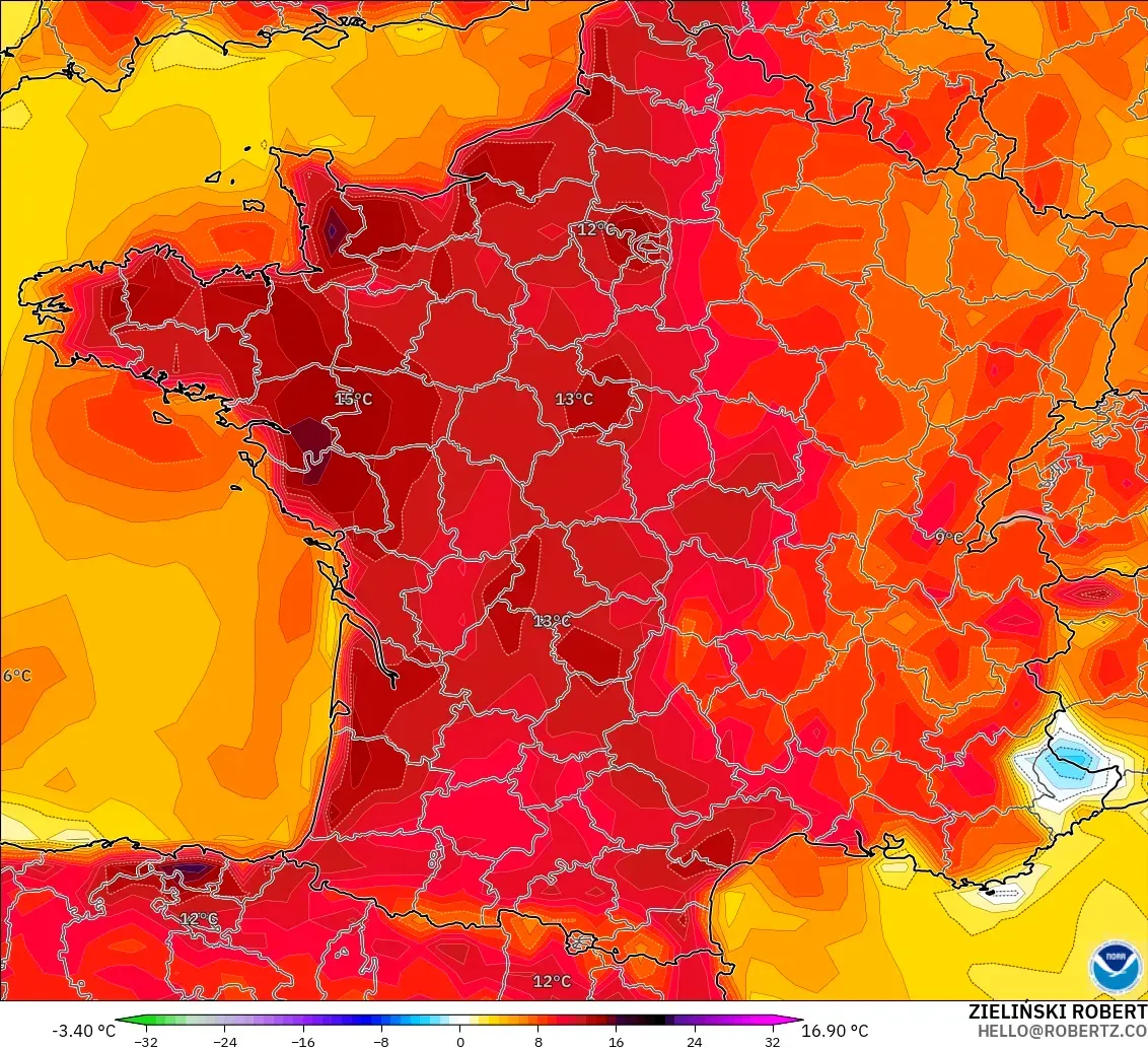 GFS modelo - Francia, Anomalía de temperatura a 2 m