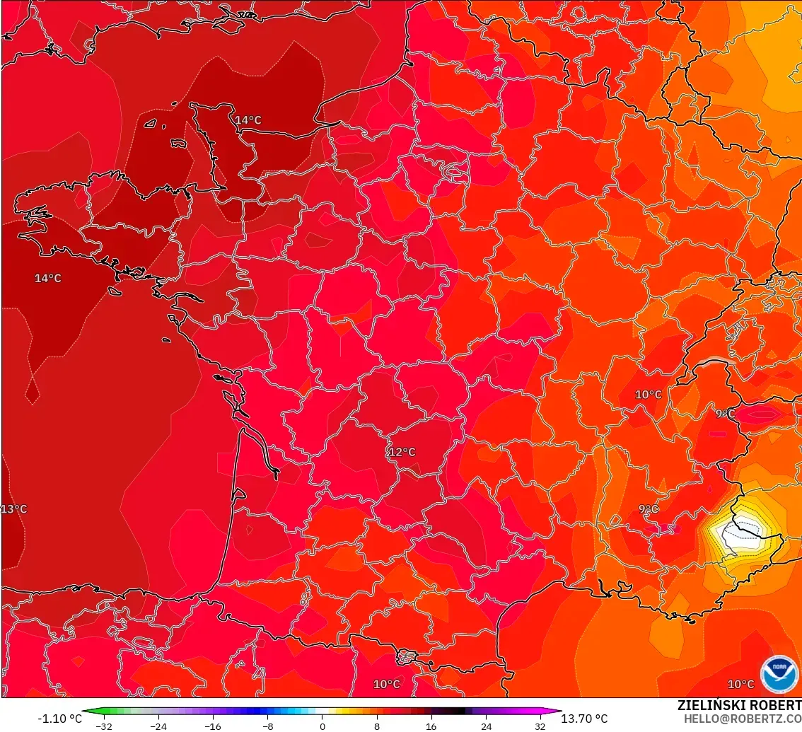 GFS modelo - Francia, Anomalía de temperatura a 850 hPa