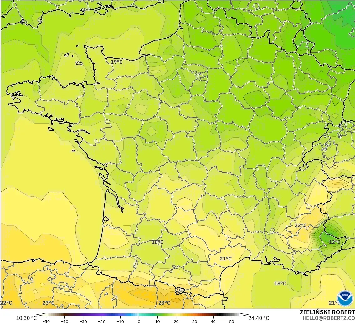 GFS modelo - Francia, Temperatura a 850 hPa