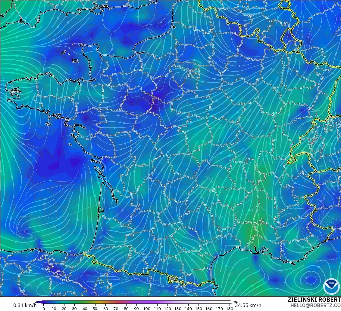 GFS modelo - Francia, Viento a 10 m