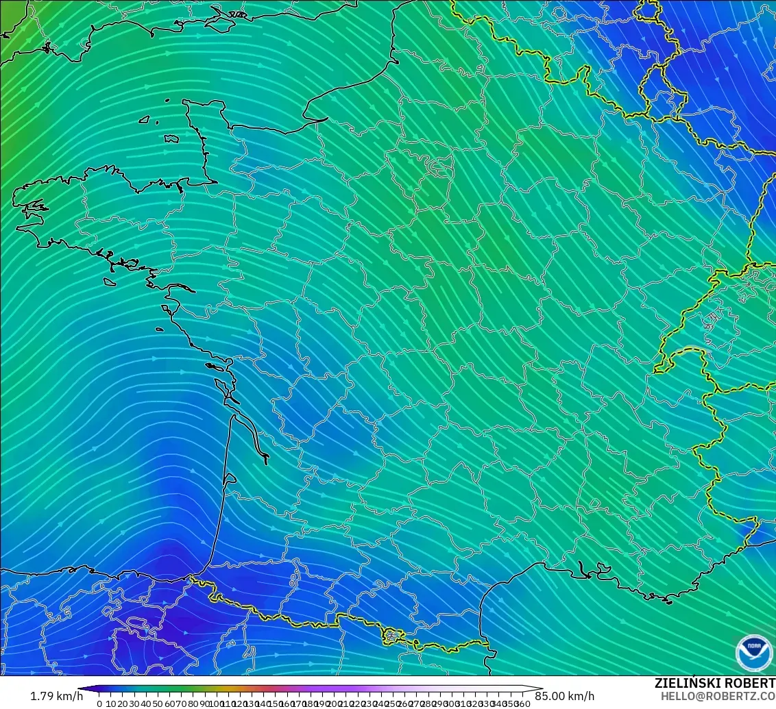 GFS modelo - Francia, Viento a 300 hPa (corriente en chorro)