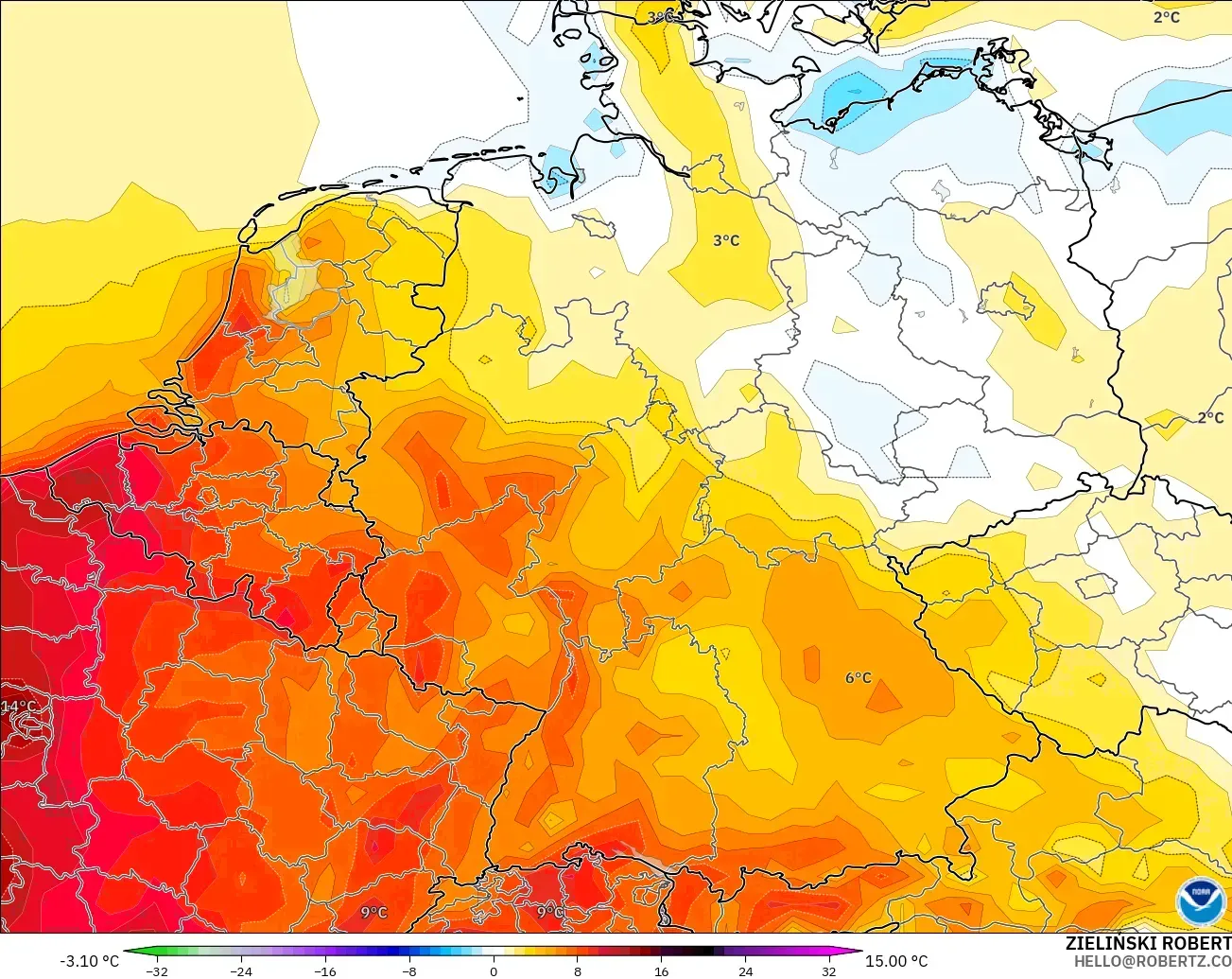 GFS modelo - Alemania, Anomalía de temperatura a 2 m