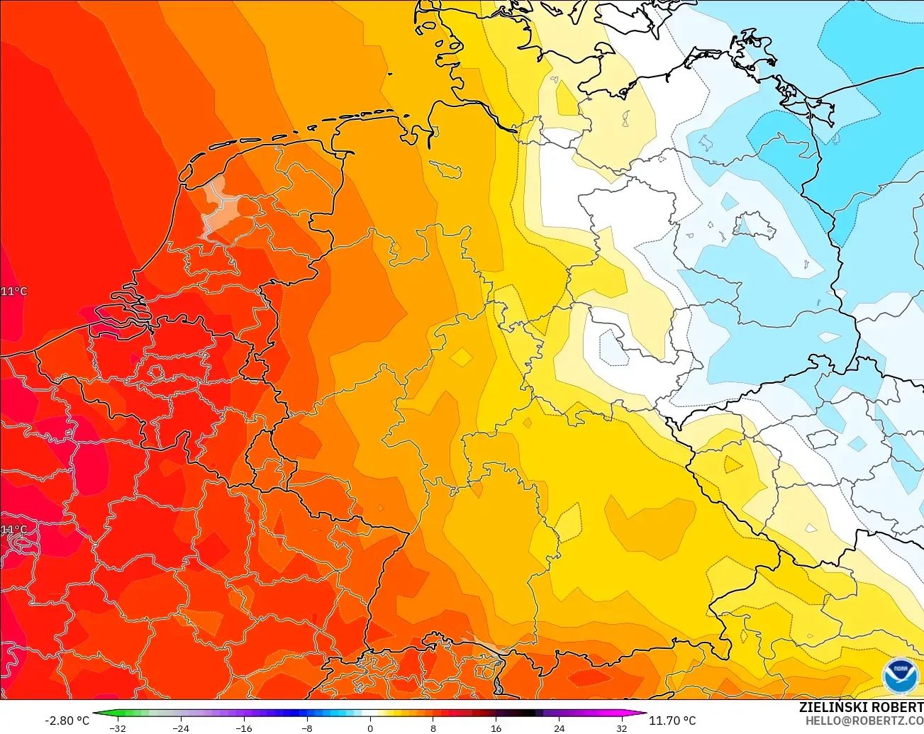 GFS modelo - Alemania, Anomalía de temperatura a 850 hPa