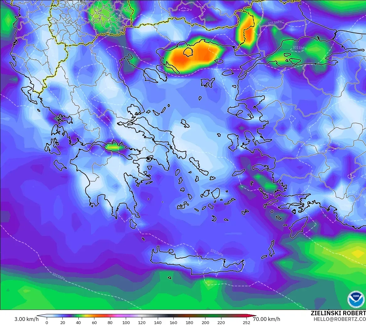 GFS modelo - Grecia, Ráfagas de Viento Máximas