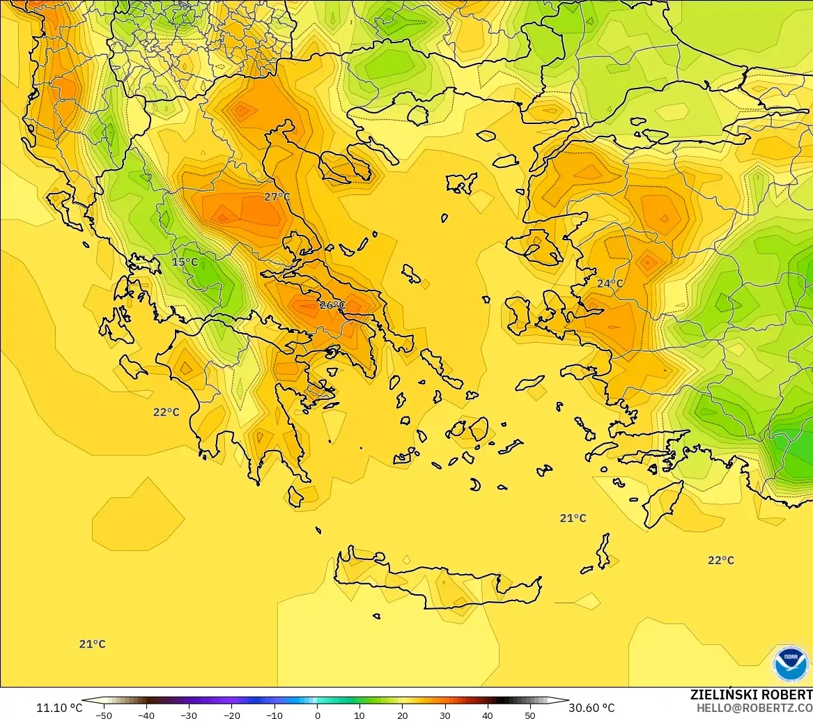 GFS modelo - Grecia, Temperatura a 2 m