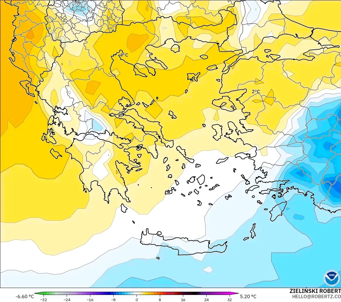 GFS modelo - Grecia, Anomalía de temperatura a 850 hPa