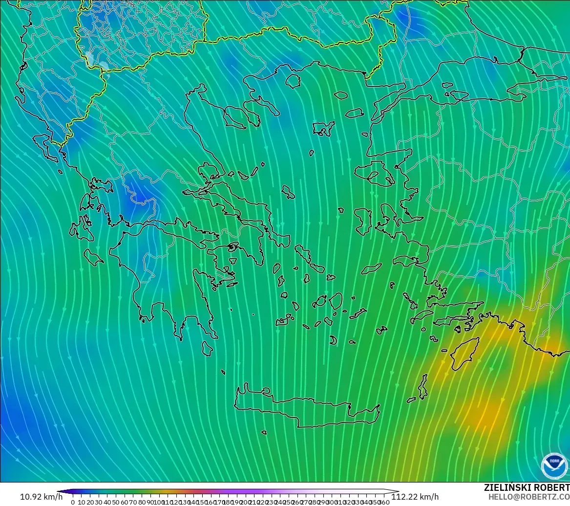 GFS modelo - Grecia, Viento a 300 hPa (corriente en chorro)